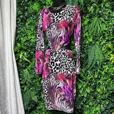 GUESS Dress Medium Pink Black Animal Print Cutout Twist Front Midi  3353