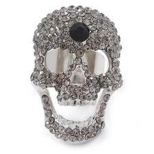 Light Grey Crystal Skull Cocktail Ring In Silver Tone - Adjustable/ Size 7/8