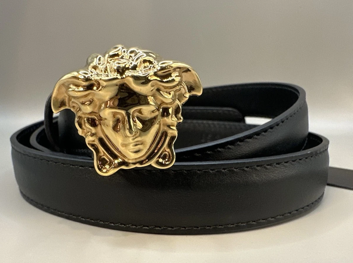 Versace La Medusa Calfskin Women Leather Belt Skinny In Matte Black Size 90/36 Versace Jacquard Barocco 4cm La Medusa Belt 90 36 Black  main image 4