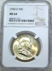 1958-D Franklin Half Dollar NGC MS64 95% FBL Frosty Toning New Holder #E275B