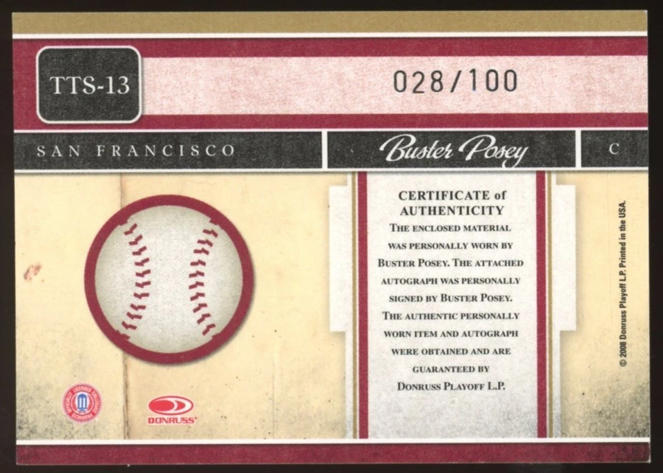2008 Donruss Elite Buster Posey RC auto autograph #028/100 Jersey Number Match - Image 2 of 2