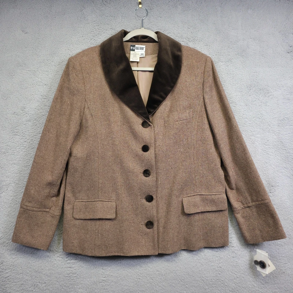 Blazer Together Mujer 16W Marrón Cuello Terciopelo Lana Tweed Plisado Ecuestre NUEVO Foto 2 de 4
