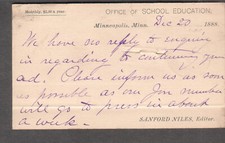 1888 postal card Sanford Niles editor Office Of School Education Minneapolis MN