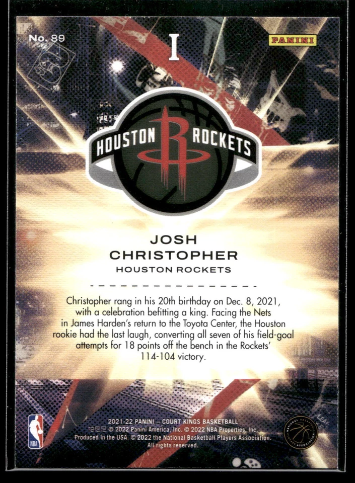 2021-22 Panini Court Kings Josh Christopher ROOKIE CARD Houston Rockets #89 RC - Image 2 of 2
