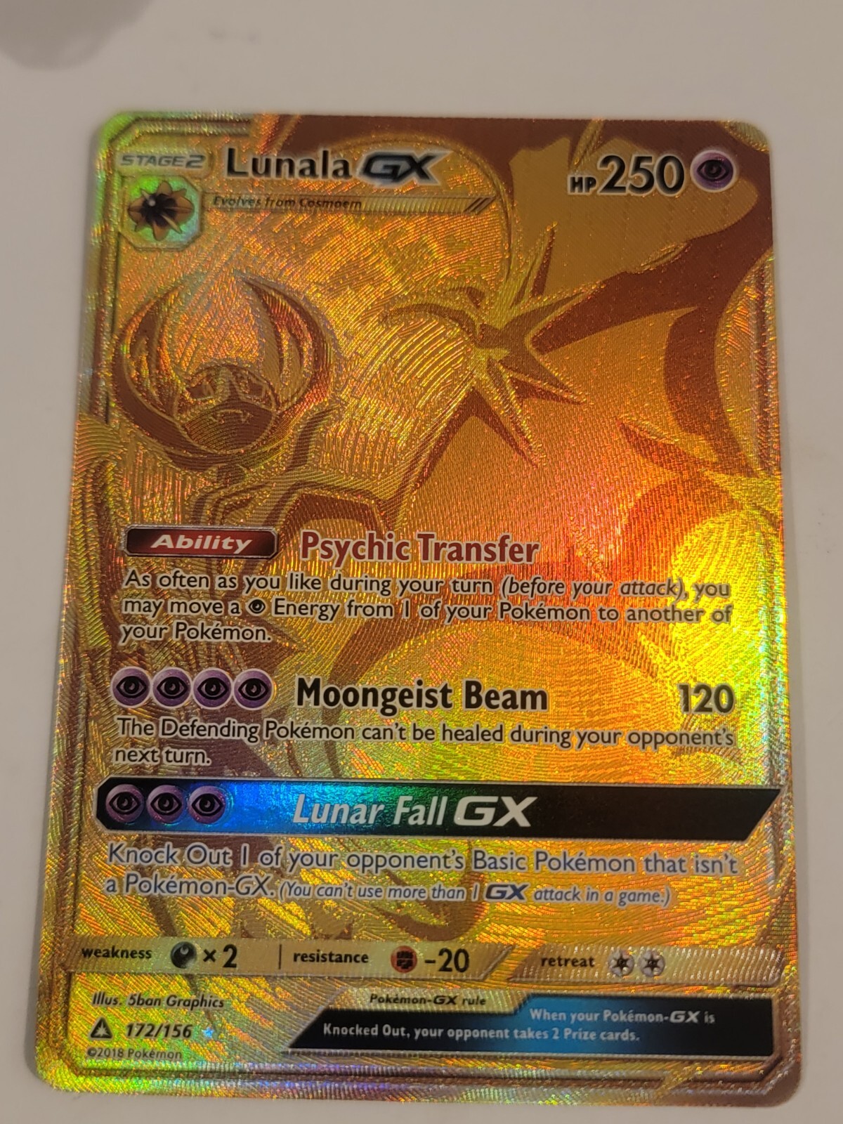 pokemon card lunala gx gold 172/156 Mint Condition