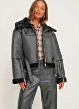 Women Fux Shearling Fur Jacket Black Aviator Real Leather Sheepskin Winter Coat