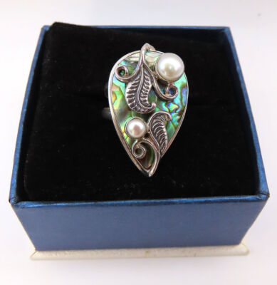 Merav Rings MERAV STERLING SILVER MOTHER OF PEARL ABALONE FAUX PEARLS RING sz 8.5 ...