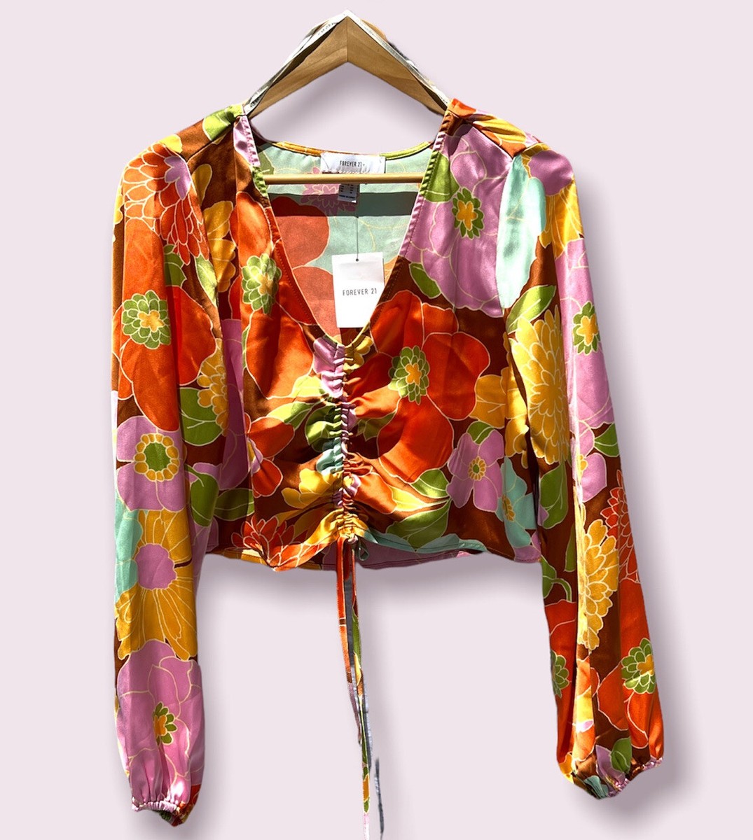 NWT! Forever 21 Crop Orange Floral 70's Crop Top Balloon Sleeve