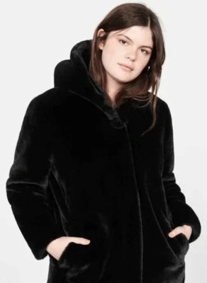 Mango Oversized Fur-effect Faux Fur Coat with Hood Size Large Deep Brown