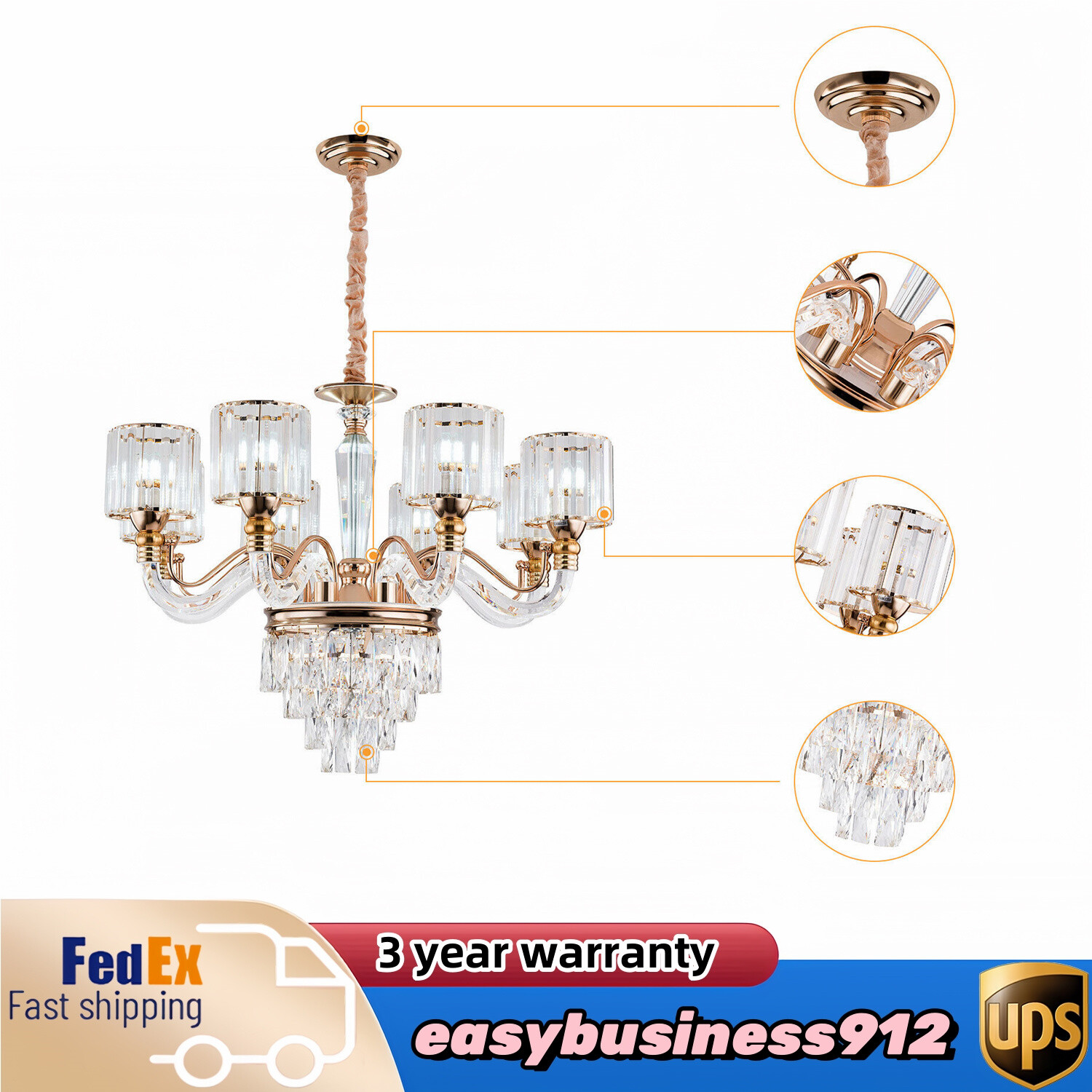 8 Lights Gold Large Crystal Chandeliers Ceiling Light Fixture for Living Room US