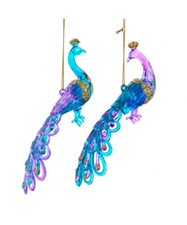 Kurt Adler Set of 2 Glazed Iridescent Purple  Teal Peacock Xmas Ornaments T3462