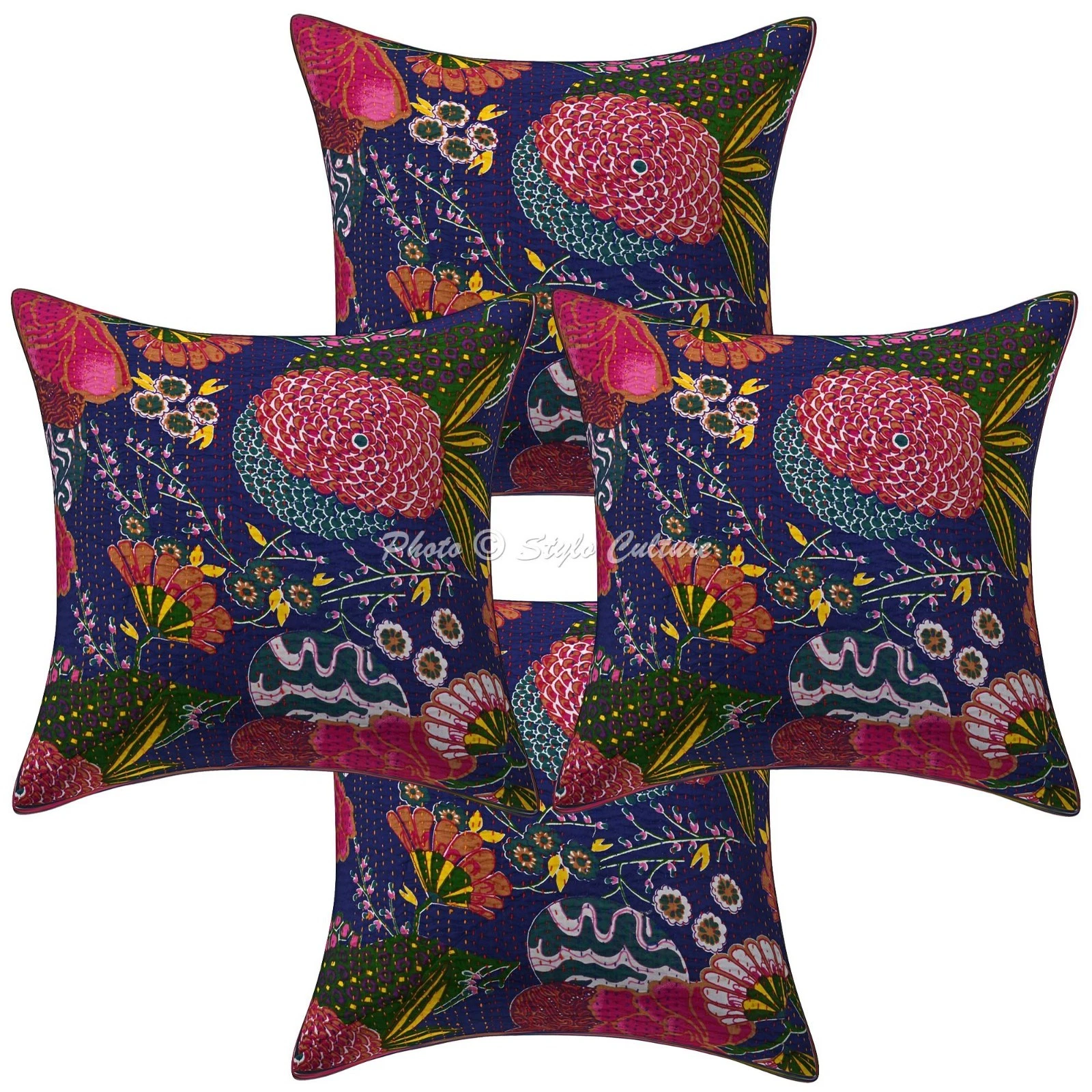 Decorative Kantha Throw Pillow Covers Cotton Bohemian Home Decor Cushion Cover