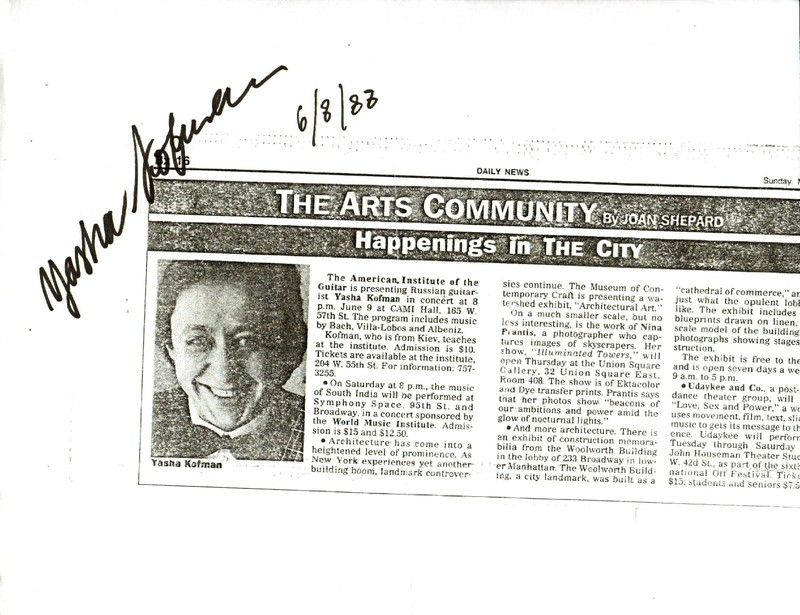 YASHA KOFMAN - Classical Guitarist - Autograph Article