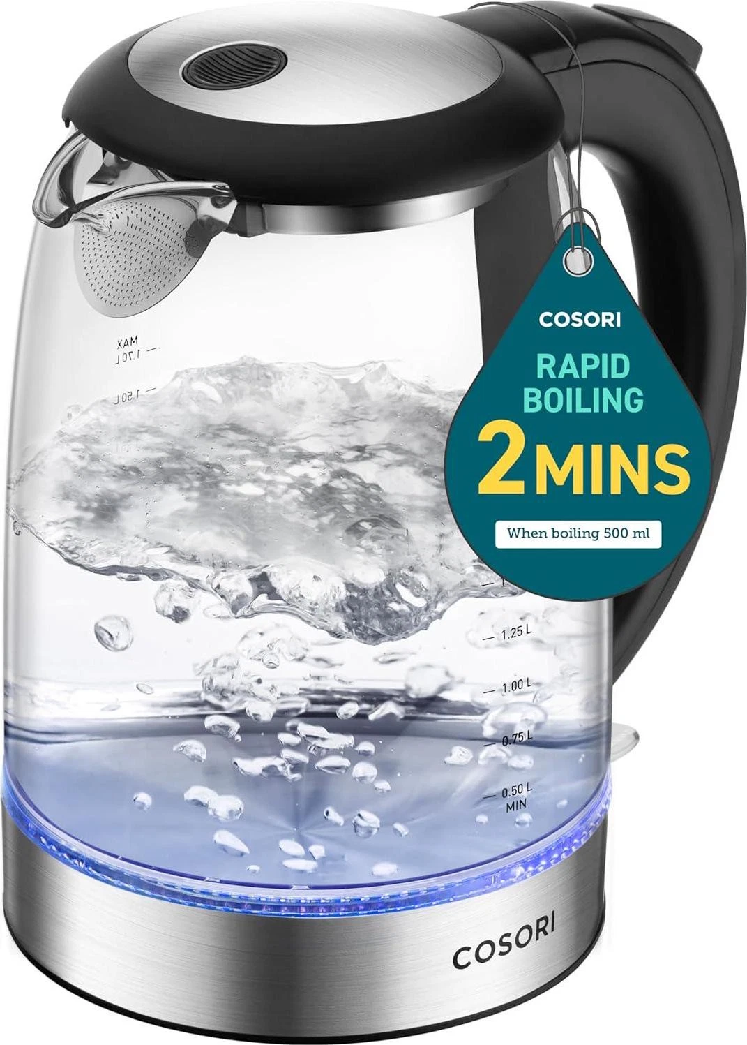 Electric Kettle Borosilicate Glass 1.7L Black 1500W No Plastic Auto Shut Off