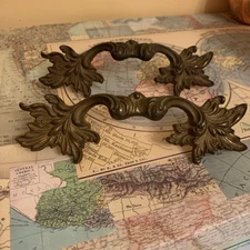 2  French Provincial  Vintage metal Leaf Pull draw handles mark 3984