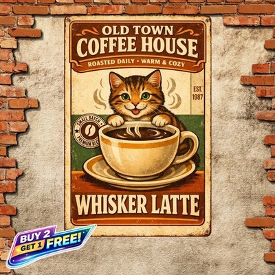 Tabby Cat Cafe Sign Vintage Distressed Retro Kitchen Metal Plaque