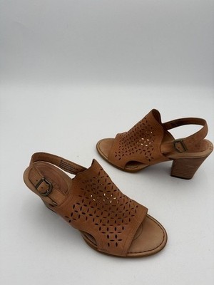 Born Women's Tan Laser-Cut Slingback Block Heel Sandals 8M casual office retro