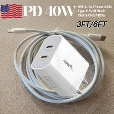 Fast Charger 40W USB Type C PD Power Adapter Cable For iPhone 14/13/12/11/8/6/XS