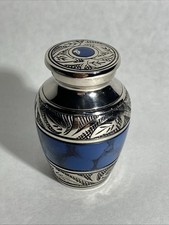 Handcrafted 2.5 Inch Small Mini Urn For Ashes Keepsake Engraved Design Blue
