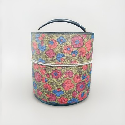 Vtg 60s/70s Multicolor Floral Wig Tote/Hatbox, Storage Travel Case 1970s 1960s