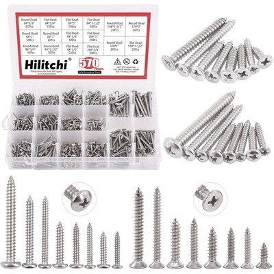 Hilitchi 570 Piece M 3 4 5 6 Stainless Steel Phillips Round Flat Head Self Ta...