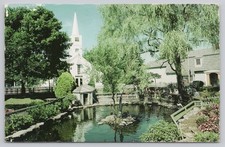Olde Mistick Village Mystic CT Postcard Church Pond Ducks Book & Tackle Shop