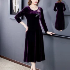 Women Velvet Dress Long Sleeve Embroidery Midi Dresses Soft Pleated Party