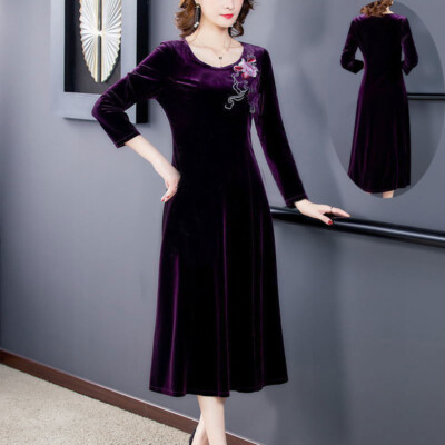 Women Velvet Dress Long Sleeve Embroidery Midi Dresses Soft