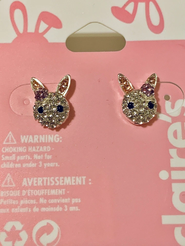 Aretes de conejo de Pascua adornados en tono plateado con cristales de imitación NUEVO Foto 3 de 4