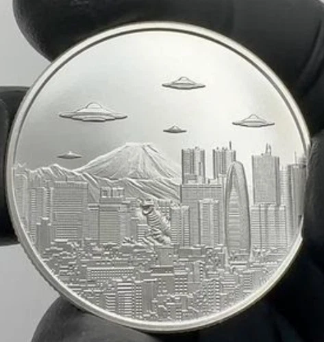UFOs Over TOKYO 1 Oz .999 FINE Silver Round Aliens Godzilla - IN STOCK