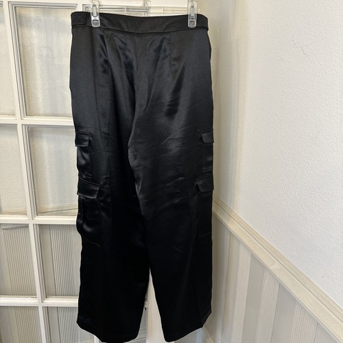 Black Satin Cargo Pants Wide Leg High Waist Womens Size 10 - Picture 5 of 11