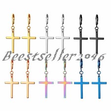 2-12pcs Men Women Slim Cross Dangle Stainless Steel Huggie Hinged Hoop Earrings