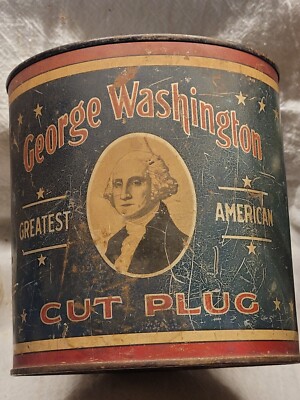 george washington tobacco tin This is a vintage Cut Plug manufactured by the R.J. Reynolds Tobacco Company.It is a cylindrical steel container featuring patriotic red, white, and blue colors with an image Patriotic George Washington R J