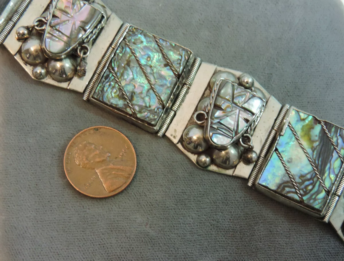 Vintage Taxco Mexico Sterling Silver Abalone Aztec Mask 7.5 Vintage Taxco Mexico Sterling Silver Abalone Aztec Mask 7.5