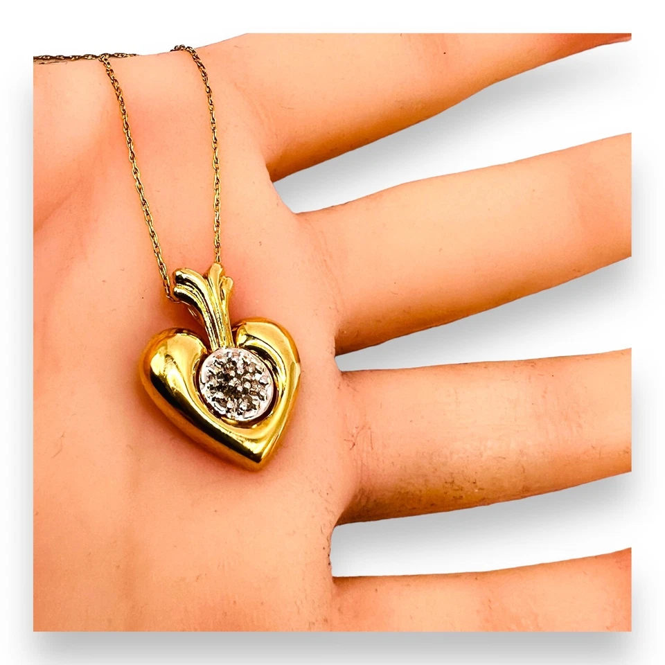 Pingente vintage de ouro amarelo 10k coração soprado de diamante 20 mm com corrente 3g 19" - Imagem 4 de 4