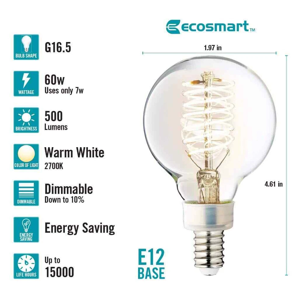 EcoSmart 60-Watt Equivalent G16.5 Dimmable Fine Bendy Filament LED Vintage Ediso - Image 2 of 4