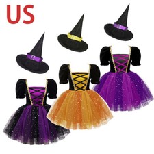 Girls Halloween Witch Dress Up Costume Fancy Party Cosplay Shiny Tutu Outfit