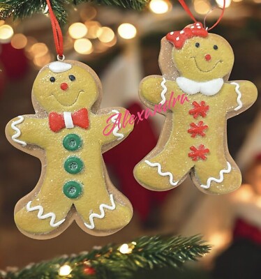 Set of 2 Gingerbread Boy And Girl Sugared Cookie Ornaments Christmas Tree Decor