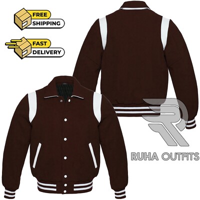 Classic Brown Retro All Wool Artificial Leather Stripes Lettermen Varsity Jacket