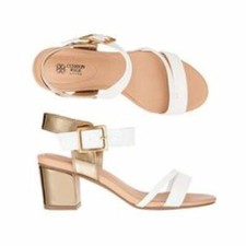 White Summer Sandals with Gold Metallic 2 1/2" High Block Heel