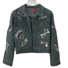 LE MORE Women Denim Jacket NBA Basketball Streetwear  Patches Y2K 90s Crop LARGE
