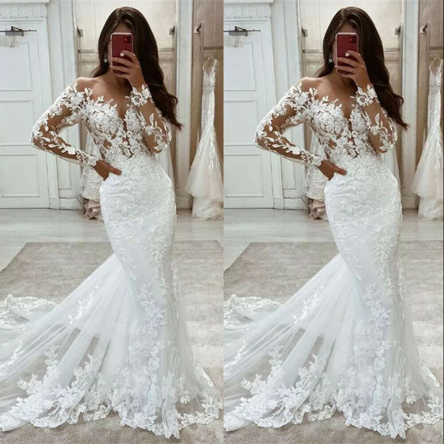 Cap Sleeve White Lace Appliques Mermaid Tulle Wedding Dress Cap Sleeve White Lace Appliques Mermaid Tulle Wedding Dress