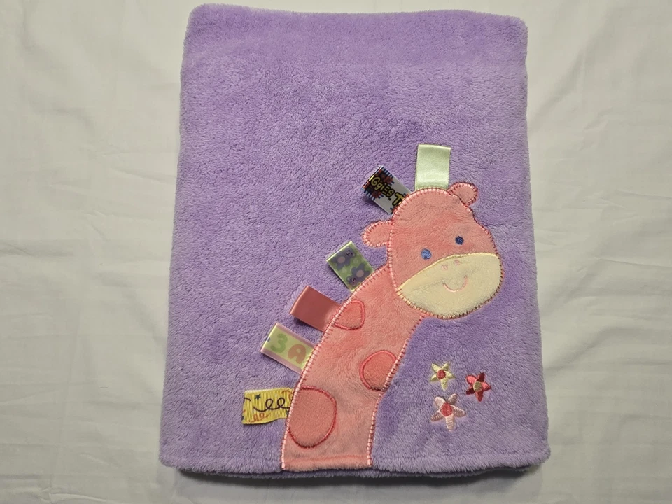 Rare TAGGIES Purple Pink Giraffe Baby Blanket Satin Ribbon Tags 30x40 Minky EUC! - Image 2 of 4