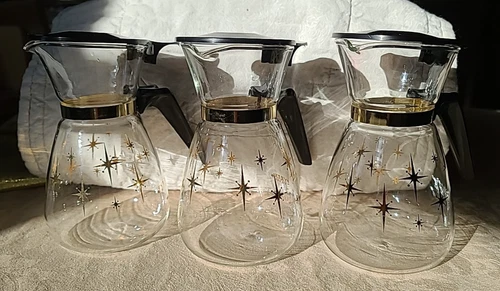 Pyrex Atomic Starburst Vintage  CARAFE Syrup Dispenser Coffee  6” Tall -Set Of 3