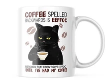 Funny Cat Coffee Mug “Eeffoc Is Coffee Spelled Backwards” Cup 11oz/15oz