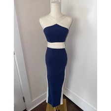 JLuxsLabel Two Piece Ribbed Knit Maxi Dress Blue White Crisscross XS