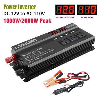 2000W Peak 1000W Power Inverter 12V to 110V AC 3AC 4USB LED for Car RV Camping