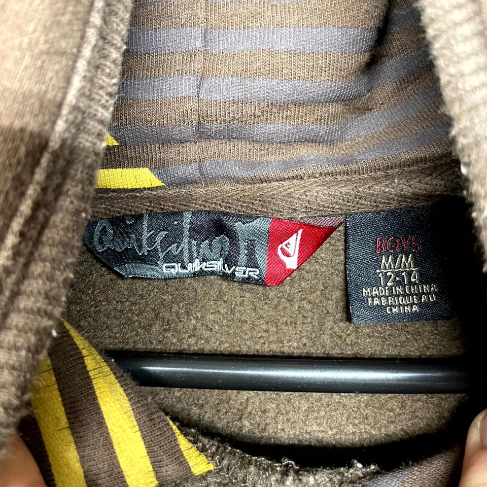 Vintage Quiksilver Y2K Hoodie Boys M (12-14) Brown Fleece Lined Embroidered Logo - Image 4 of 4