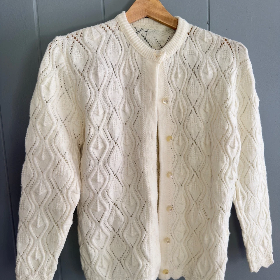 Cárdigan Vintage Tejido Crema Calado Dobladillo Vieira Cottagecore Boho Capas S/M Foto 2 de 4