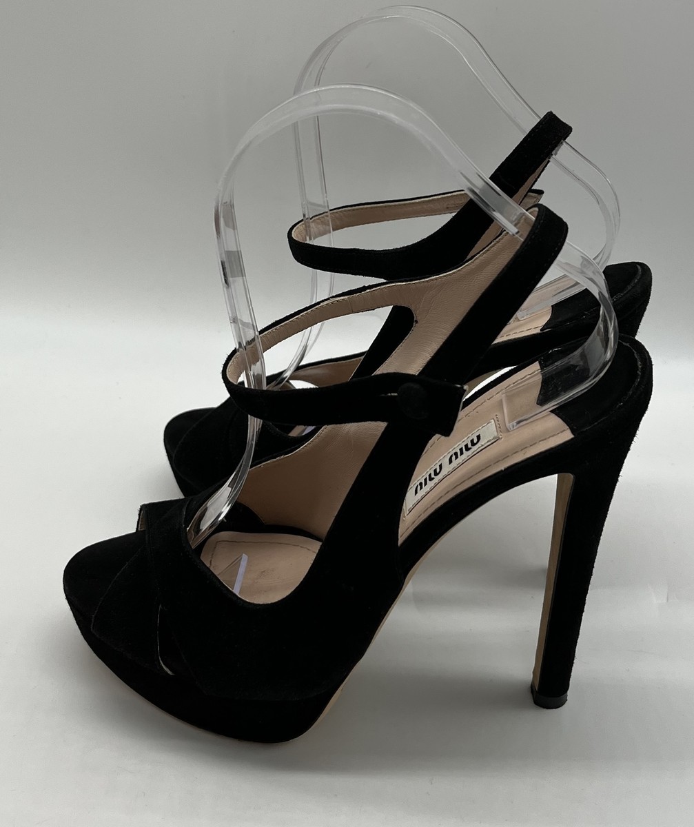 Miu Miu Black Suede Peep Toe Strappy Platform Slingback